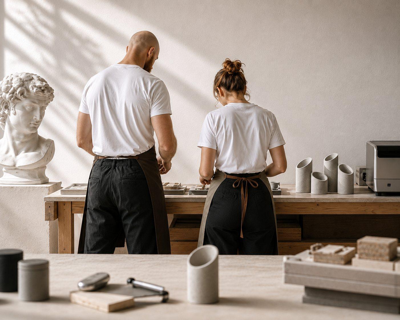Two makers at the JOS Factory workbench, with a plaster bust, concrete candle holders and a laser engraver around them